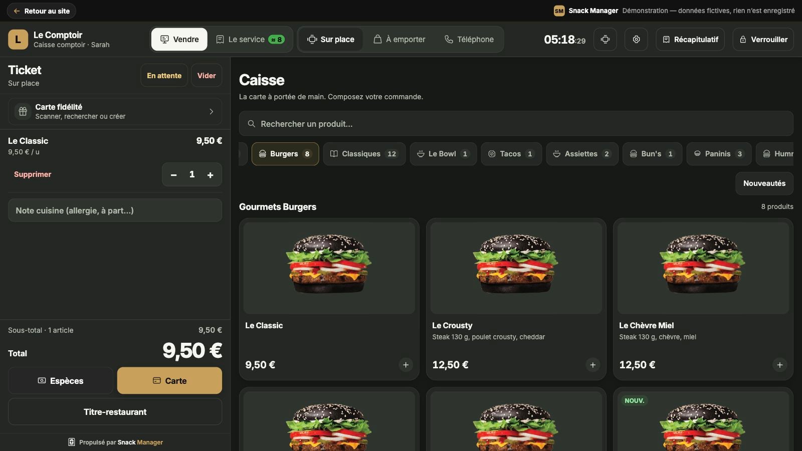 Caisse : catalogue et ticket en cours avec un article