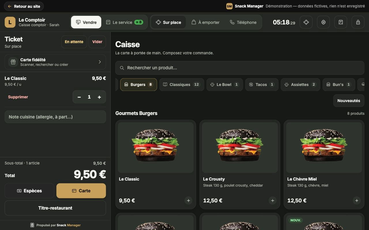 Caisse : catalogue et ticket en cours avec un article